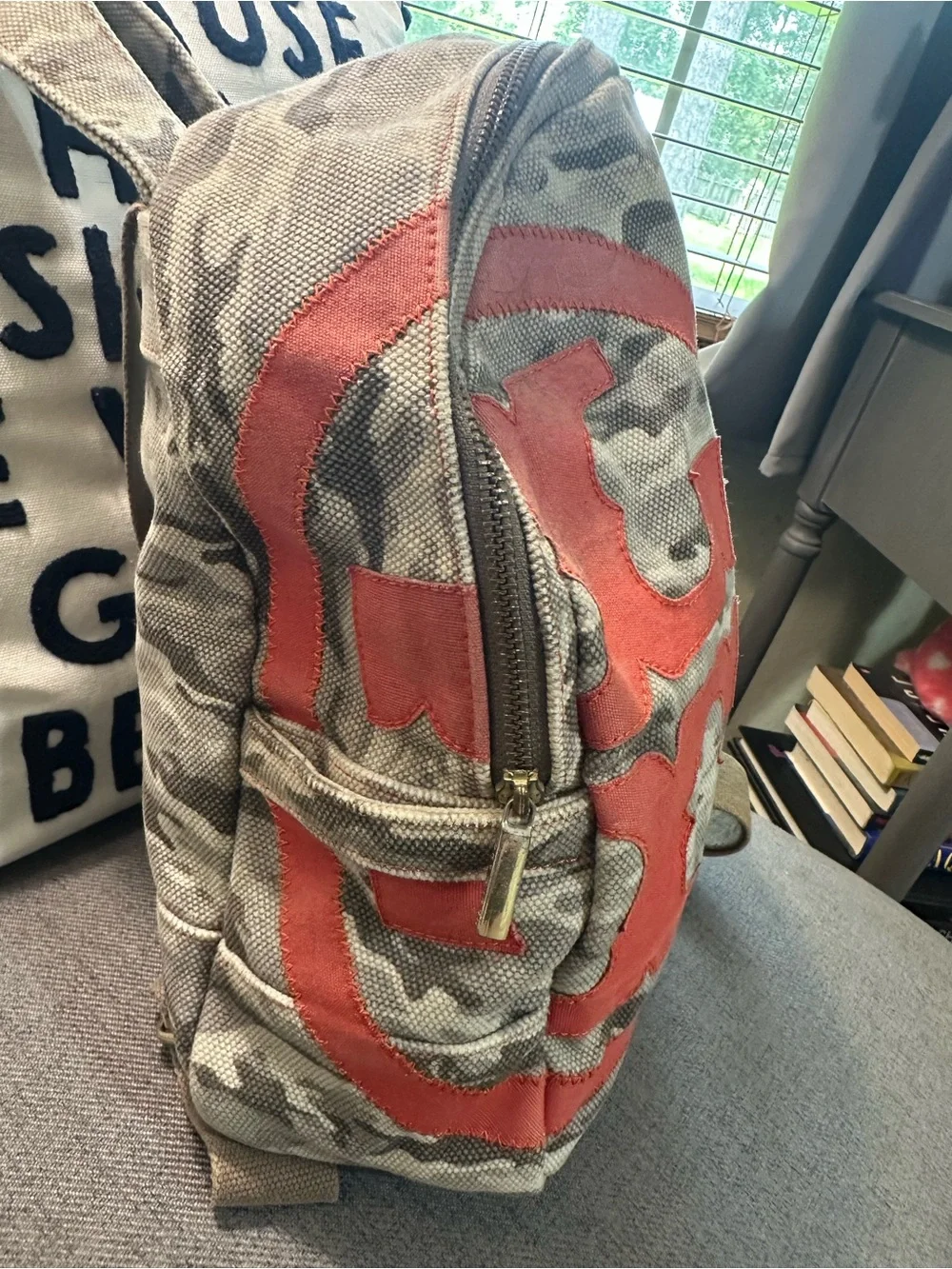 Tory Burch Camo Canvas Backpack with Red/Orange Accent